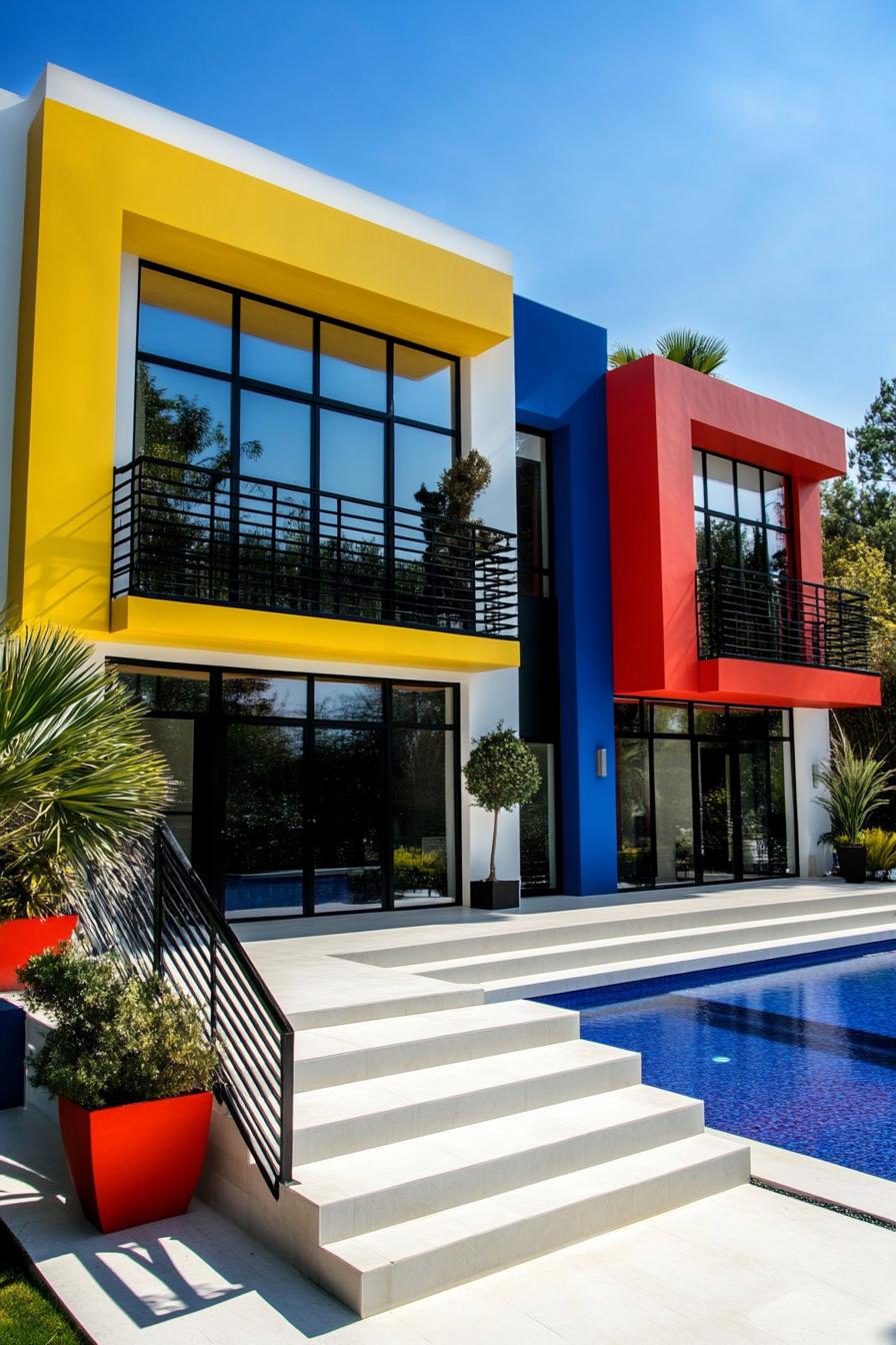 Modern house with bright red, blue, and yellow façade