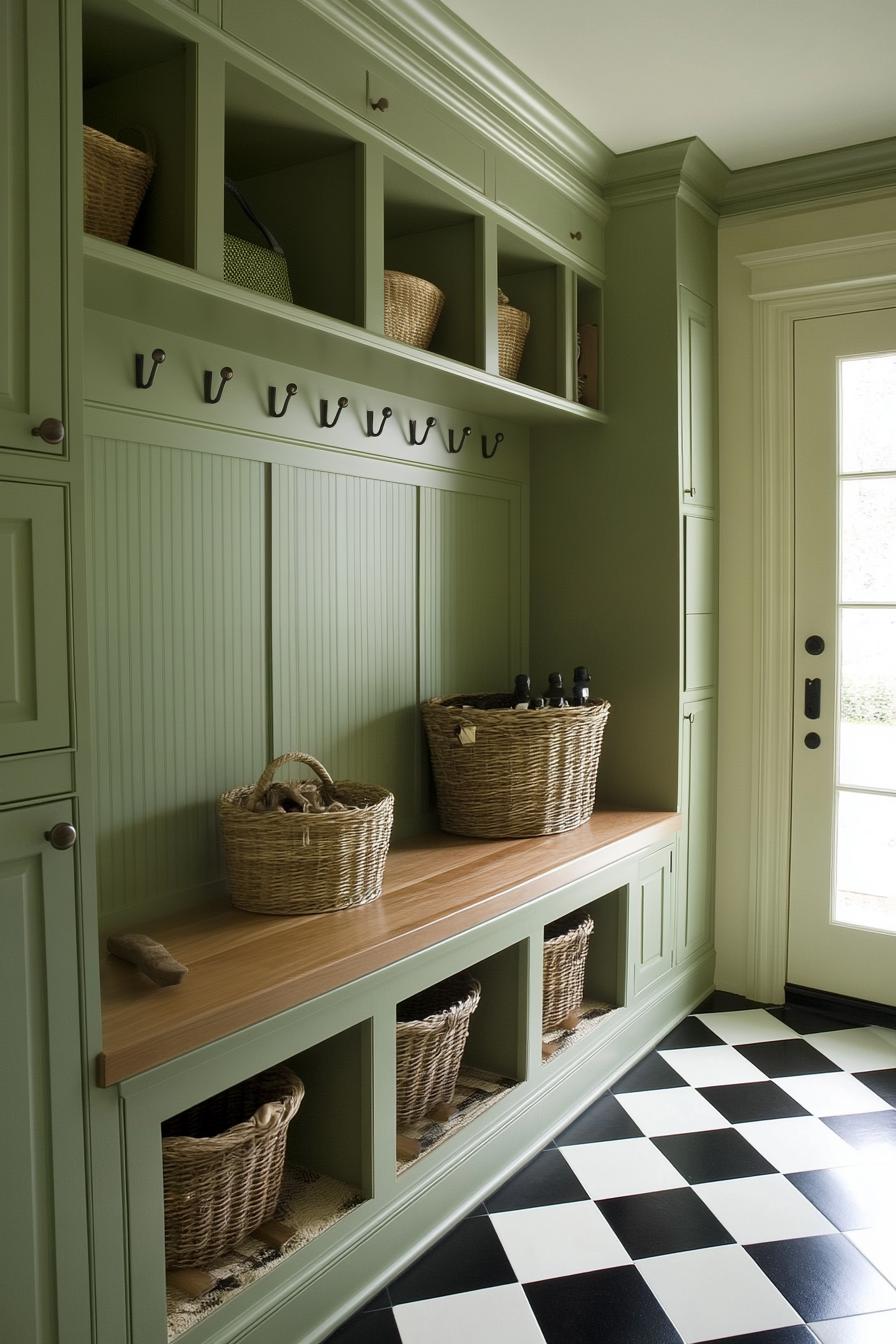 Organized mud room with green cabinets and baskets