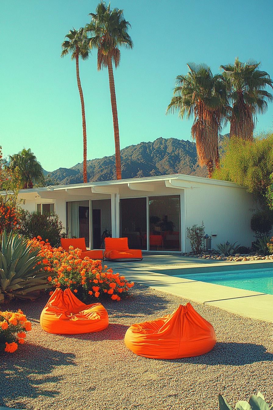 Mid-century modern house with vibrant orange decor and palm trees