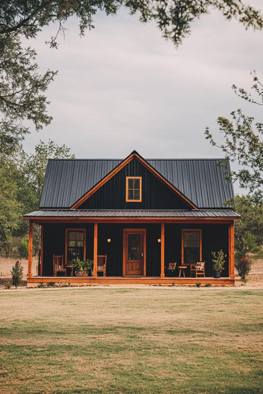 Charming wooden house with a metal roof and front porch