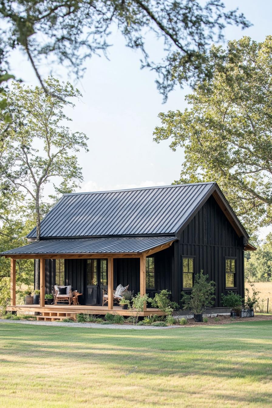 Small black barndominium with lush surroundings