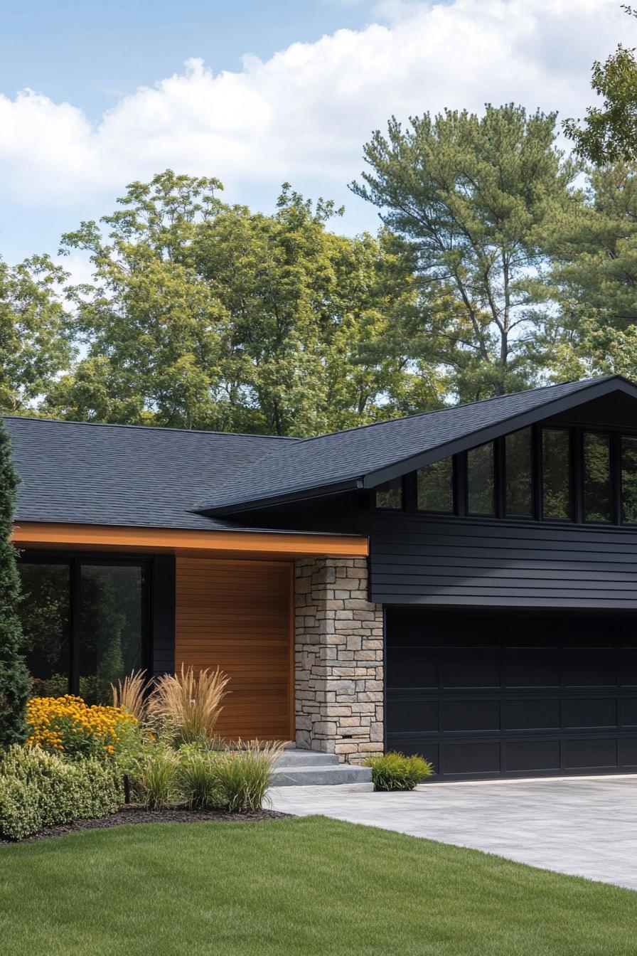 Contemporary house with stone, wood, and black accents