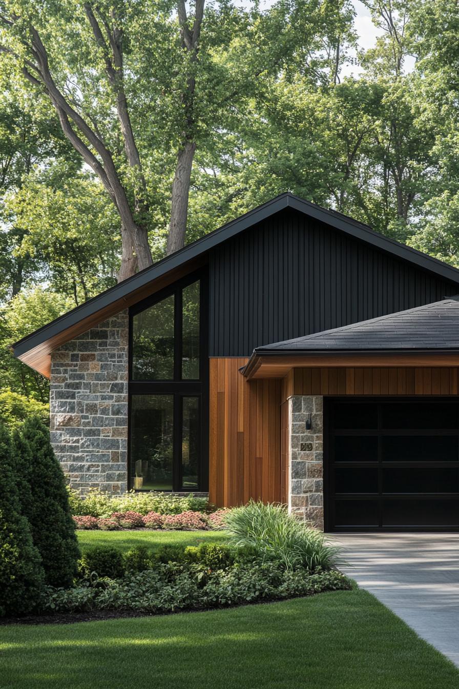 Contemporary home with stone, wood, and sleek lines nestled in lush greenery