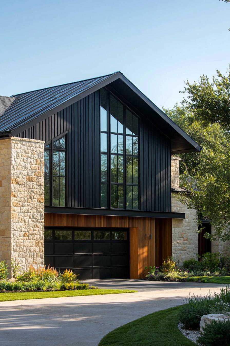 Modern house with stone and black panel exterior, surrounded by trees and greenery