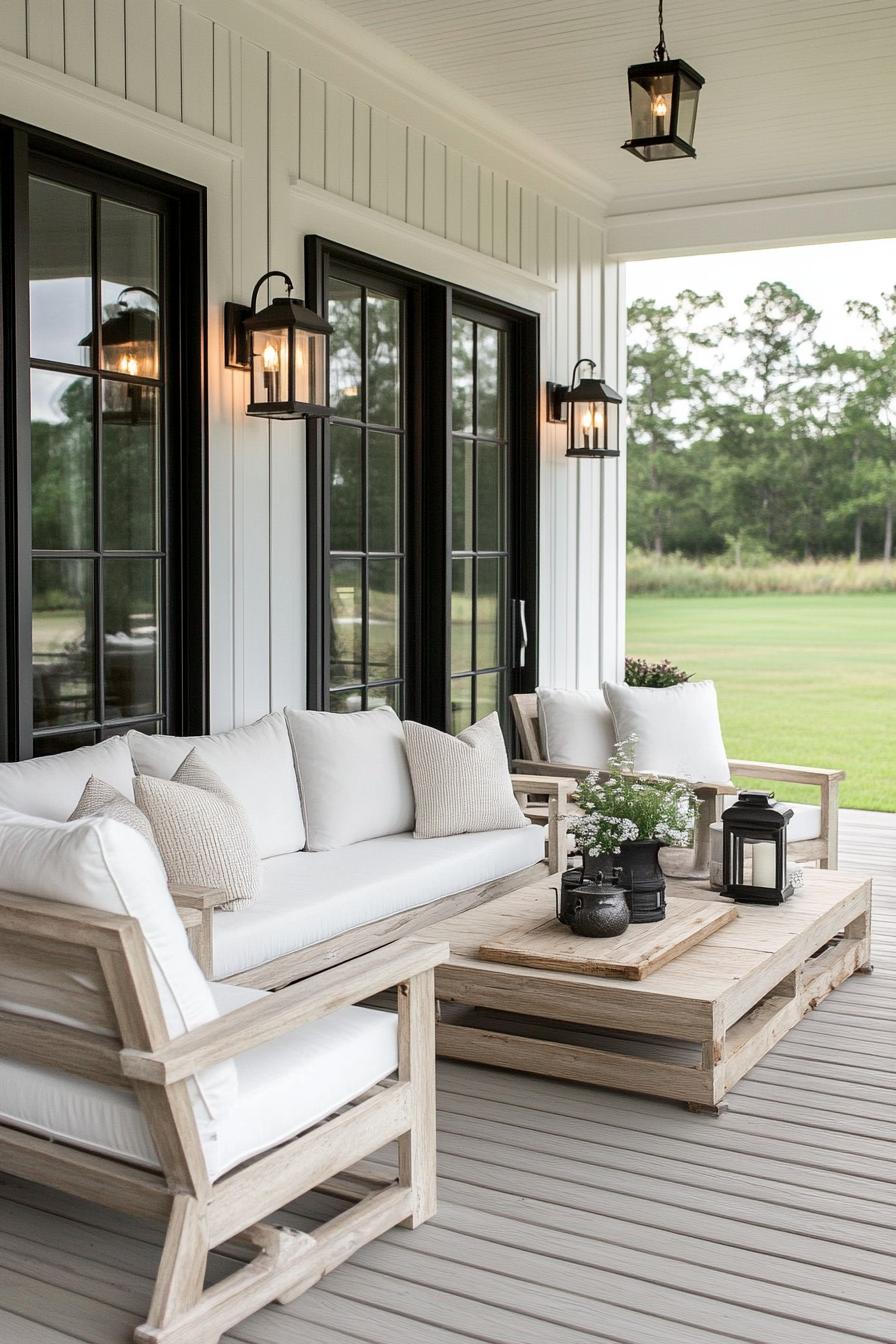 Cozy porch with white cushions and rustic decor