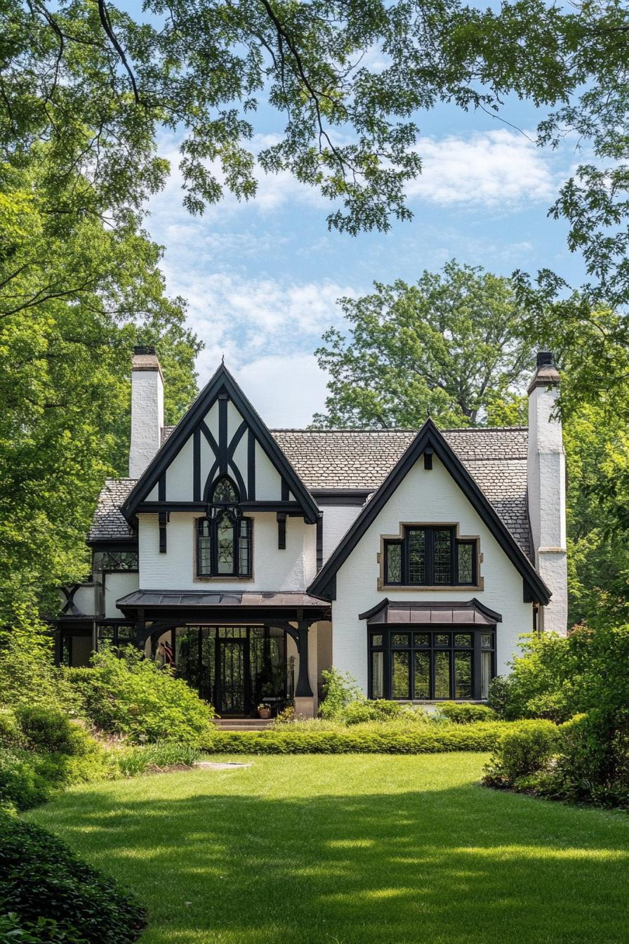 Modern Tudor house with lush greenery and blue sky