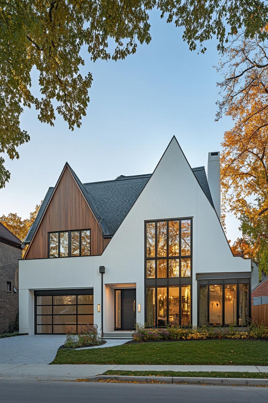 Modern Tudor house with large windows and sharp rooflines