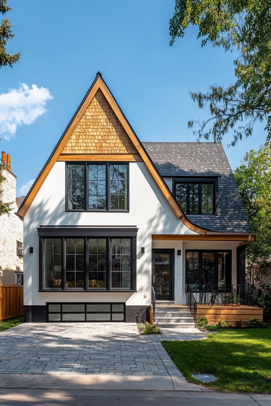 Modern Tudor style home with pointed roof and large windows