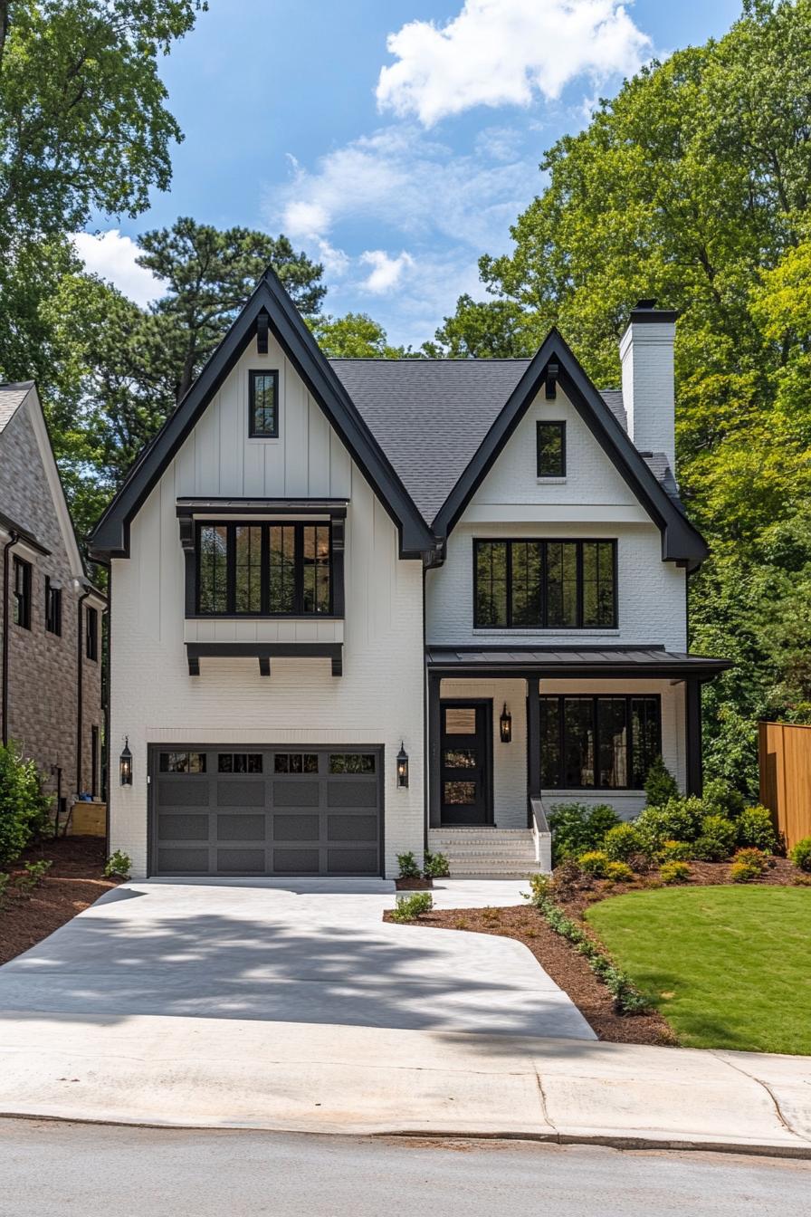 A modern Tudor house with tall gables and a manicured lawn