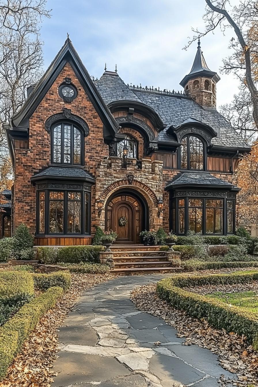 Brick house with arched windows and stone pathway