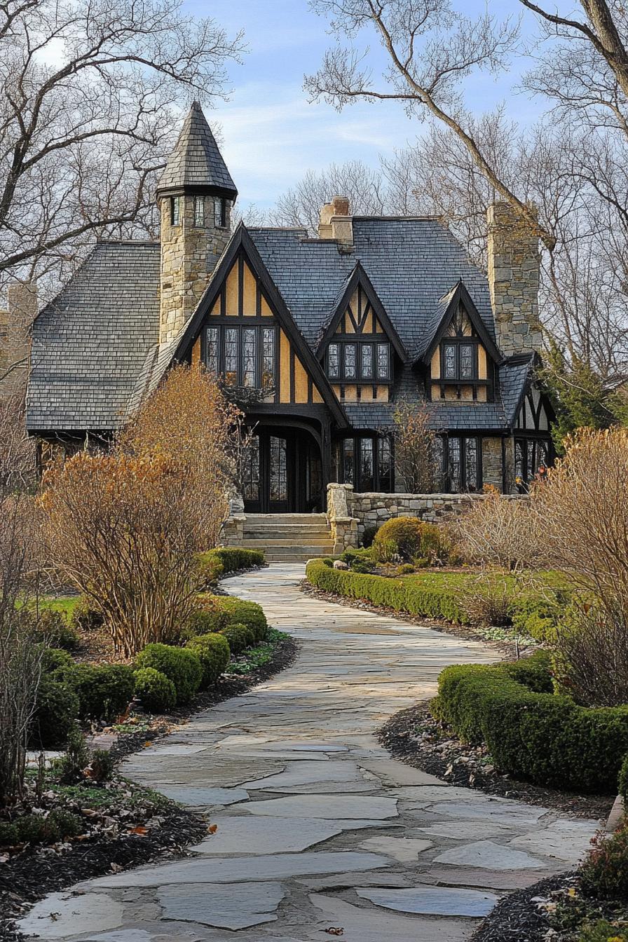 Stone cottage with a turret and slate roof surrounded by a garden path