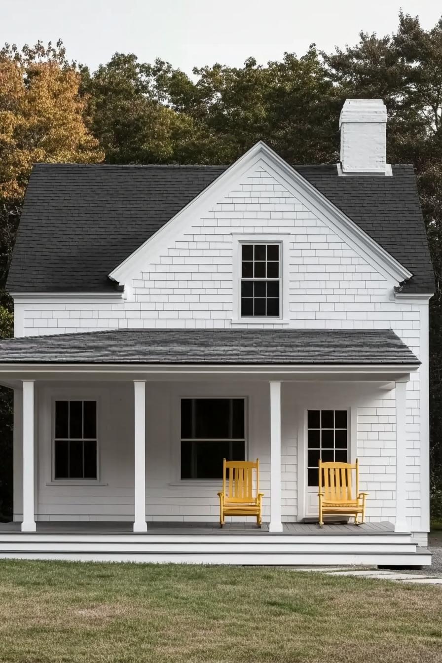 White Gothic house with yellow rocking chairs