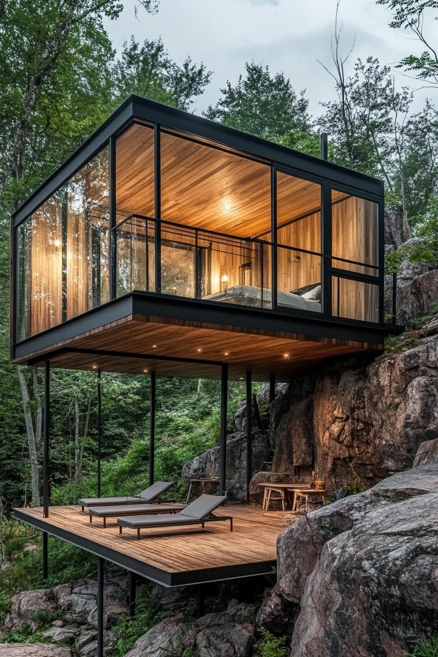 Modern glass and wood house on a rocky hill