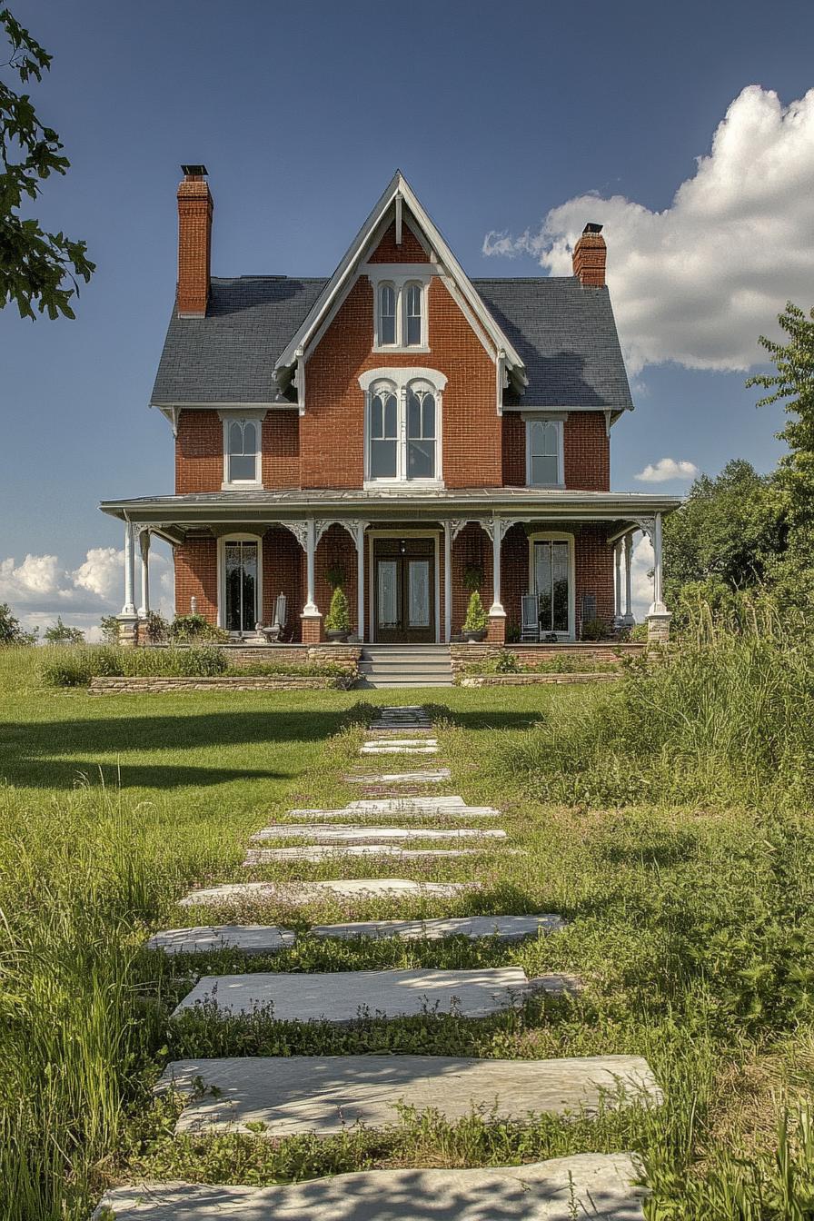 Charming brick house with pointed arch windows and a dark roof