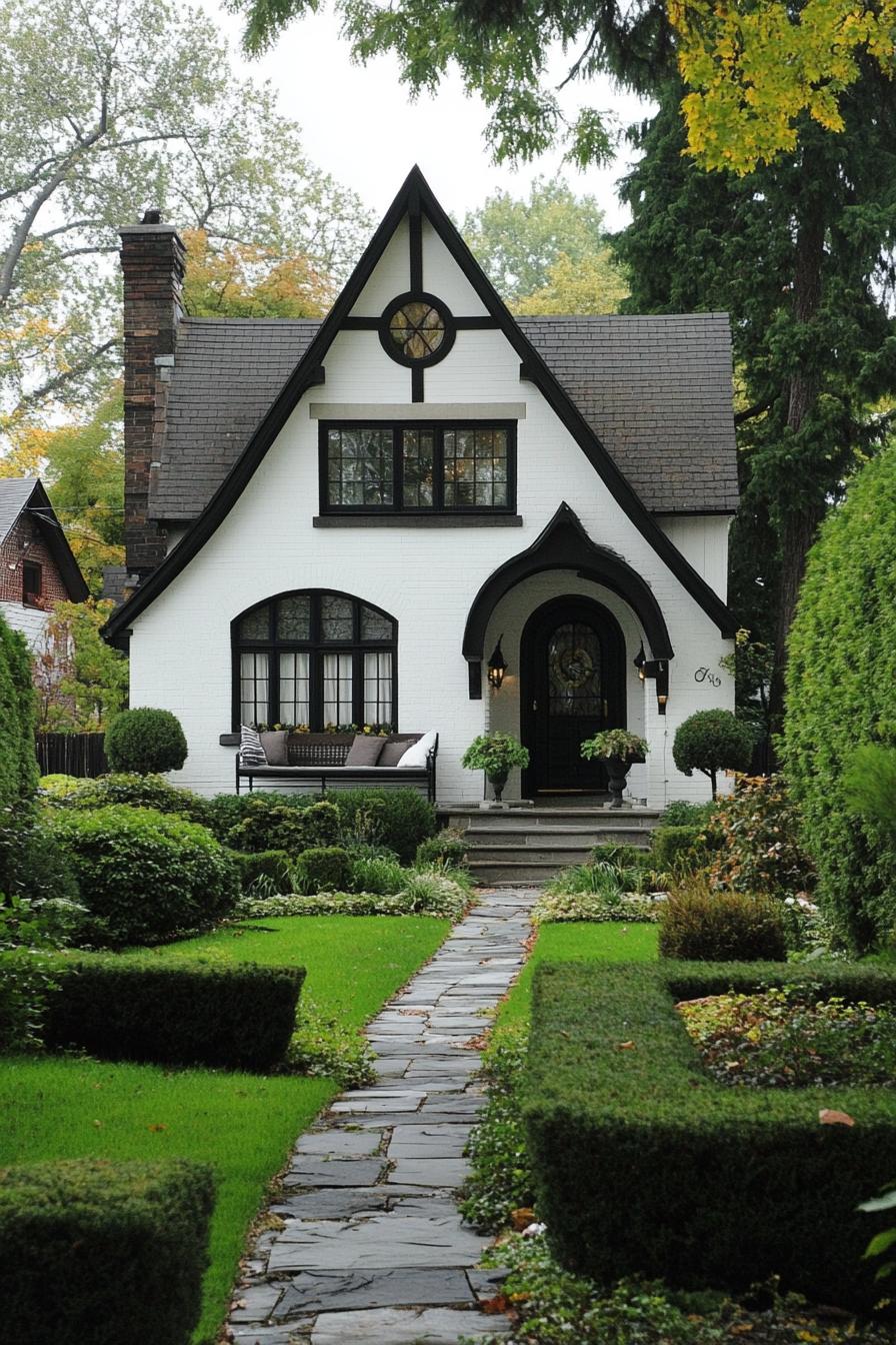 White Tudor-style home with dark trim and lush garden