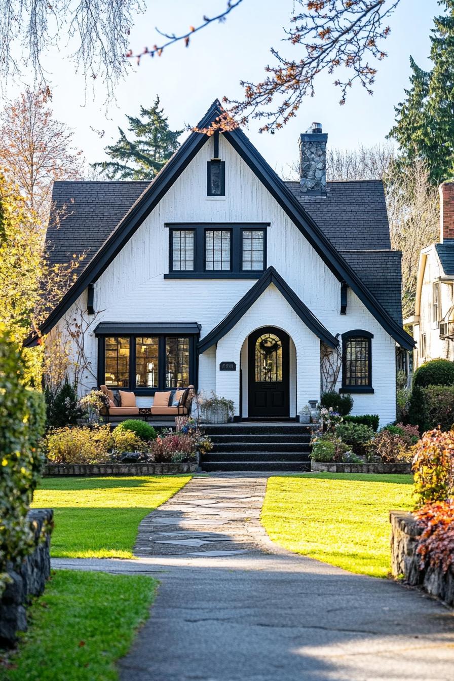 White Tudor house with steep roof and arched doorway