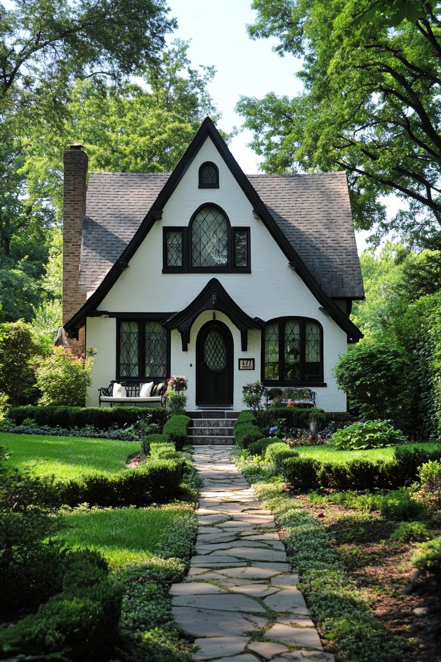 White Tudor house with charming black trim, nestled in a lush garden