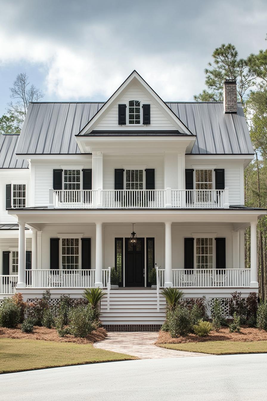 Elegant white house with columns and a metal roof surrounded by trees