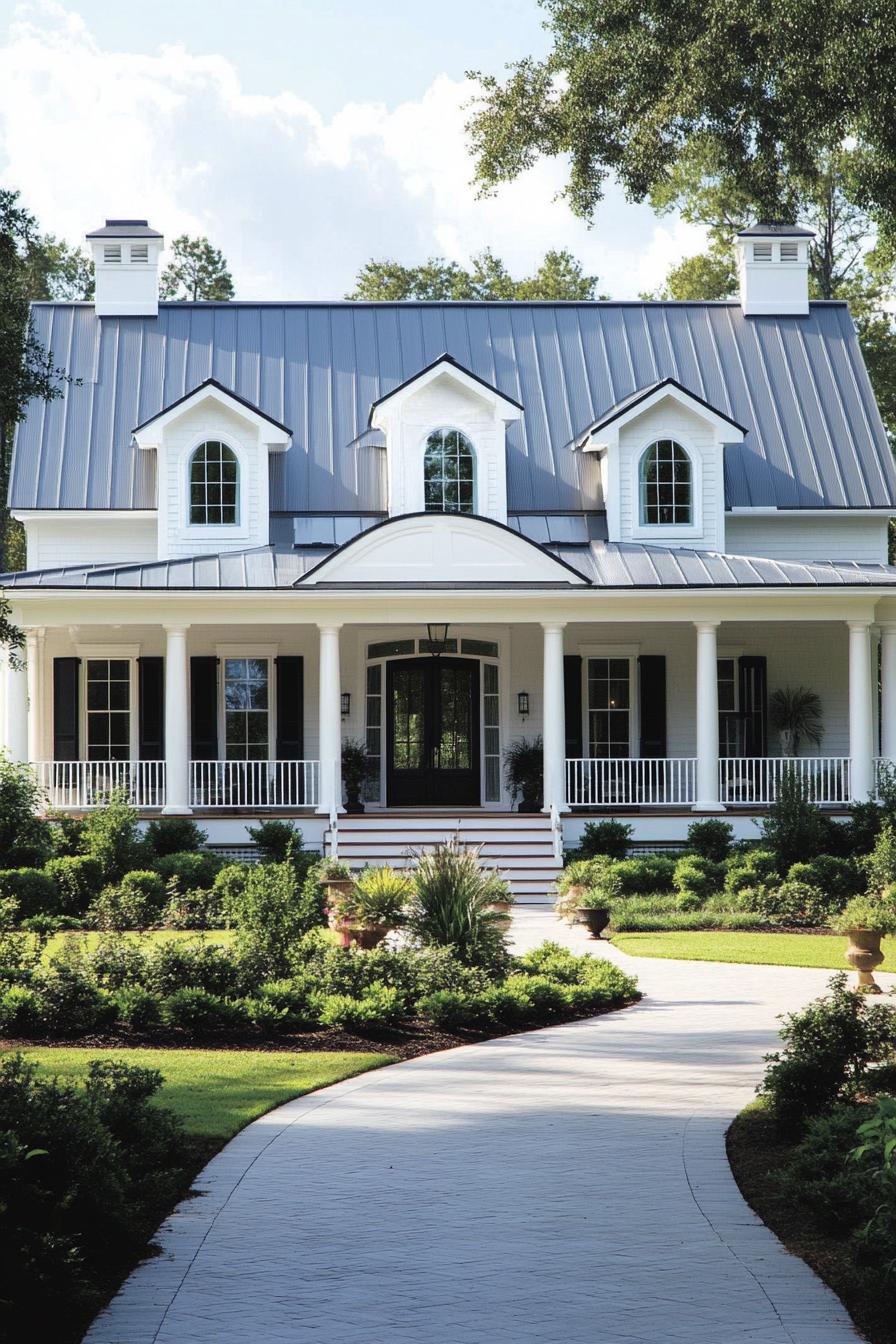 Charming white house with a metal roof and inviting porch