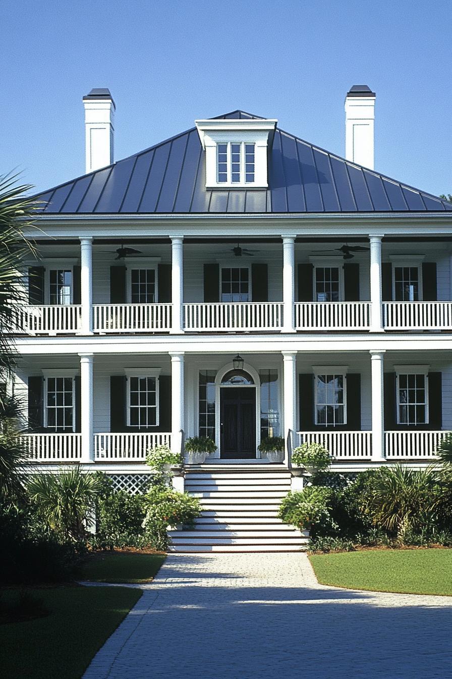 Elegant two-story colonial house with a wide porch and manicured greenery