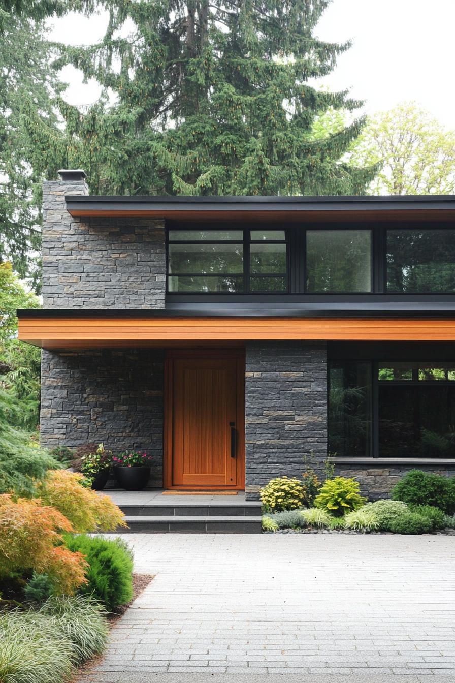 Contemporary home with stone facade and wooden door