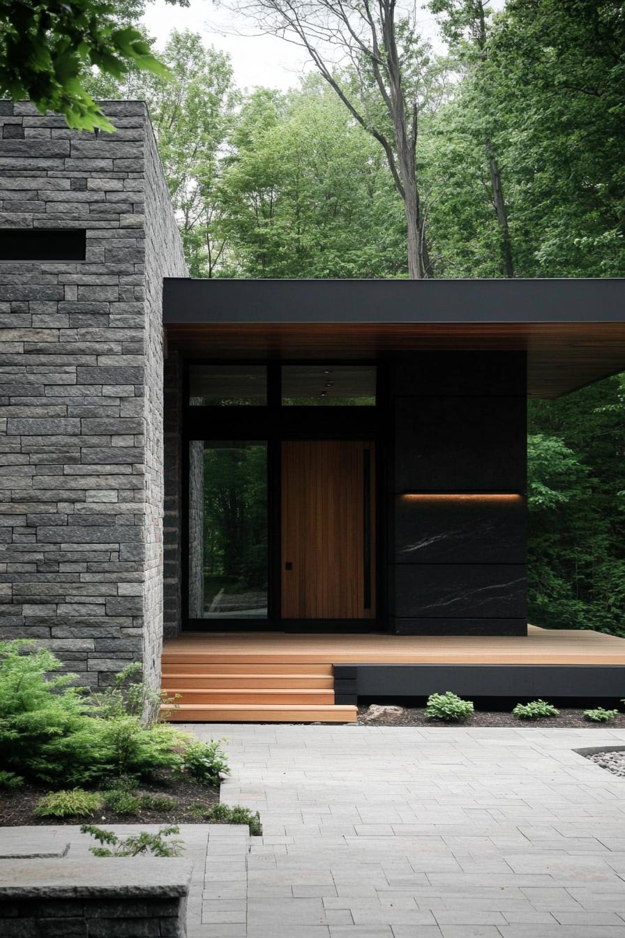 Modern house with stone walls surrounded by trees