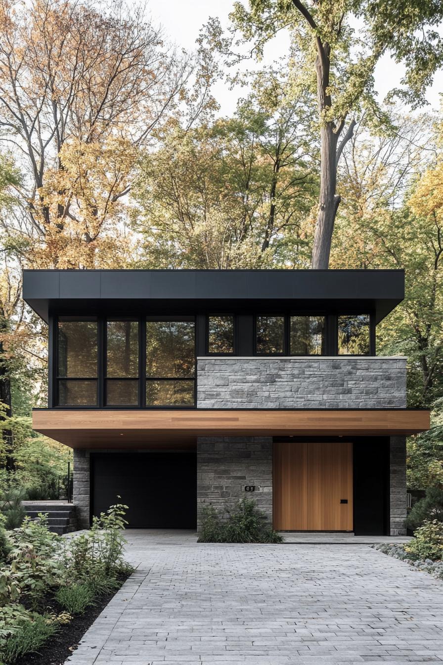 Modern home with stone and wood facade surrounded by trees