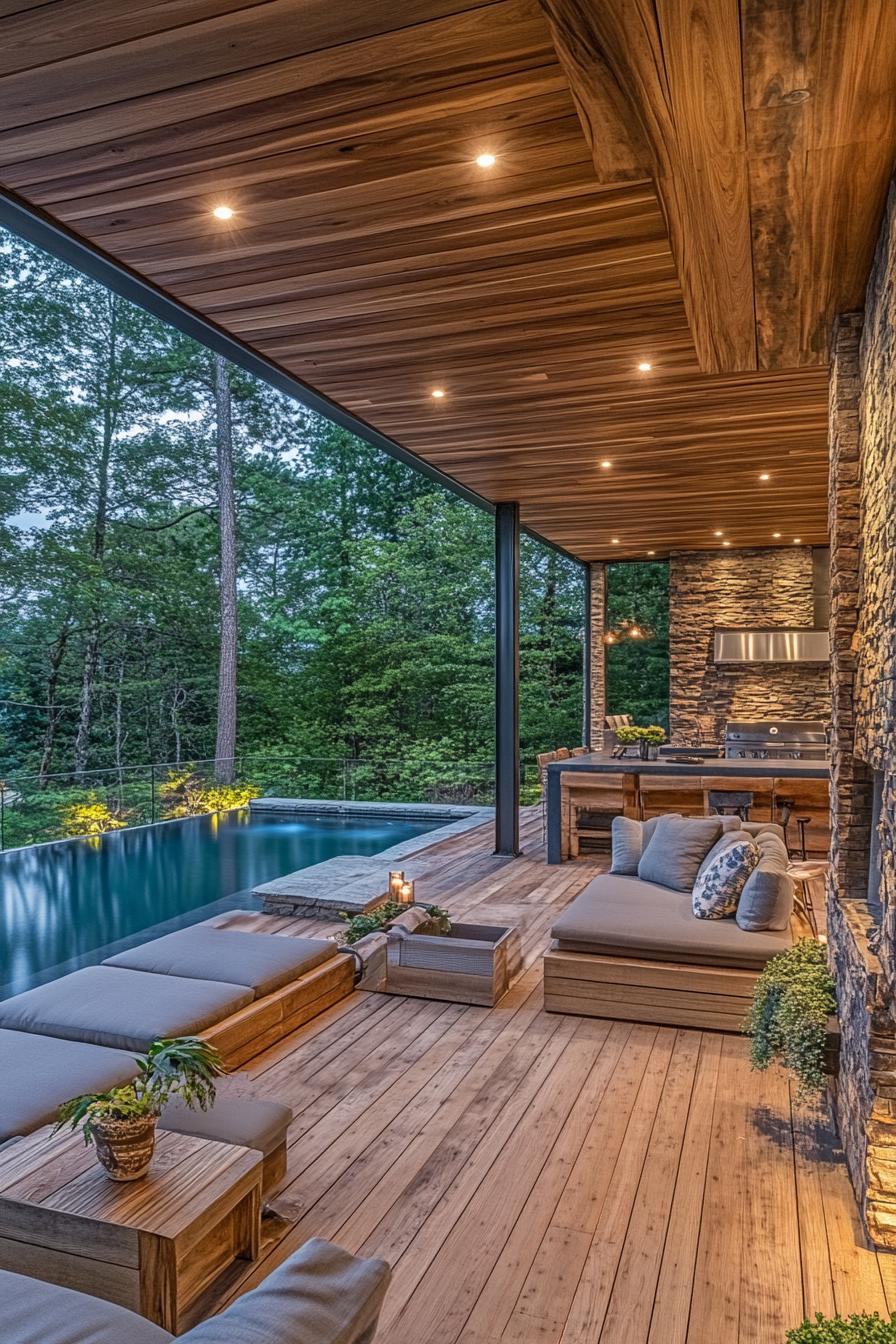 Modern outdoor lounge with pool and cozy seating