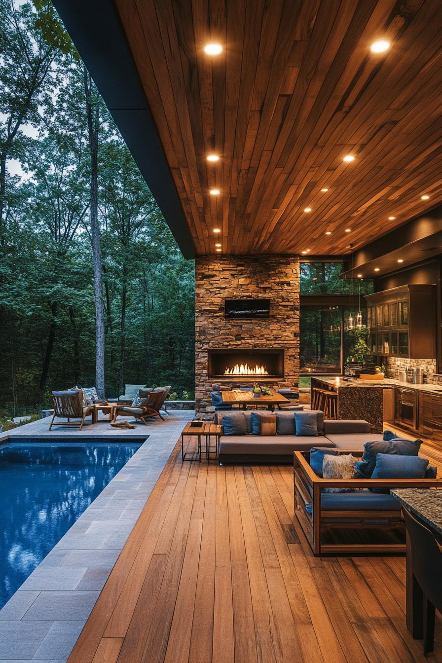 A luxurious outdoor lounge with a fireplace and pool amidst trees