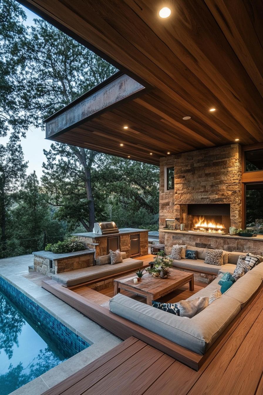 Cozy outdoor living space with a fireplace, seating, and pool