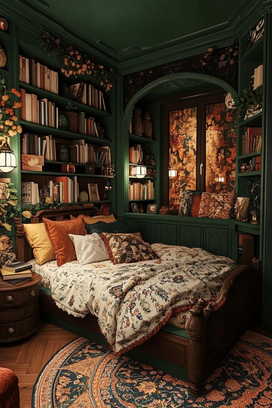 Cozy bedroom with rich green walls, bookshelves, and a patterned rug