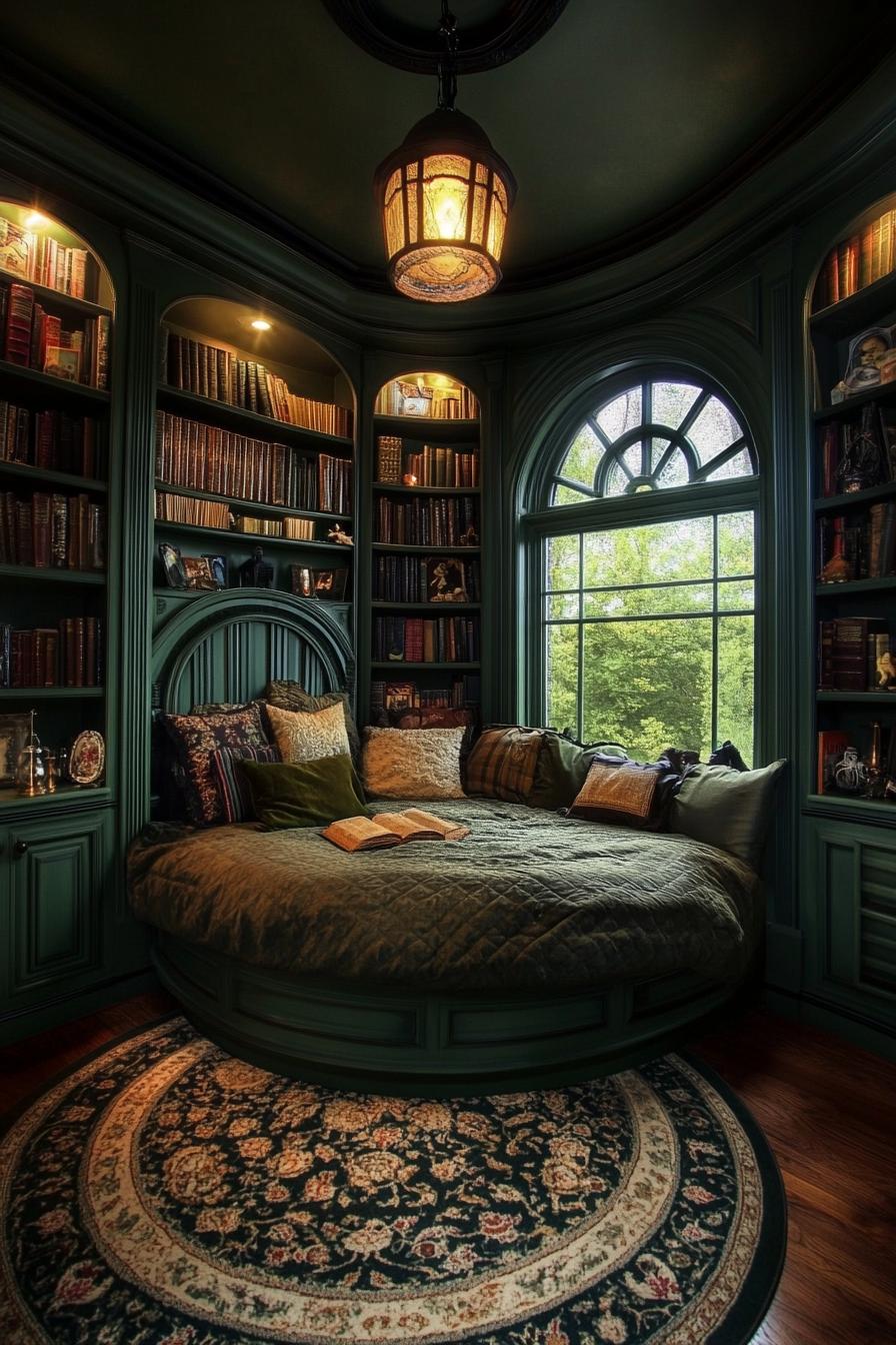 Cozy circular reading nook with shelves and a window