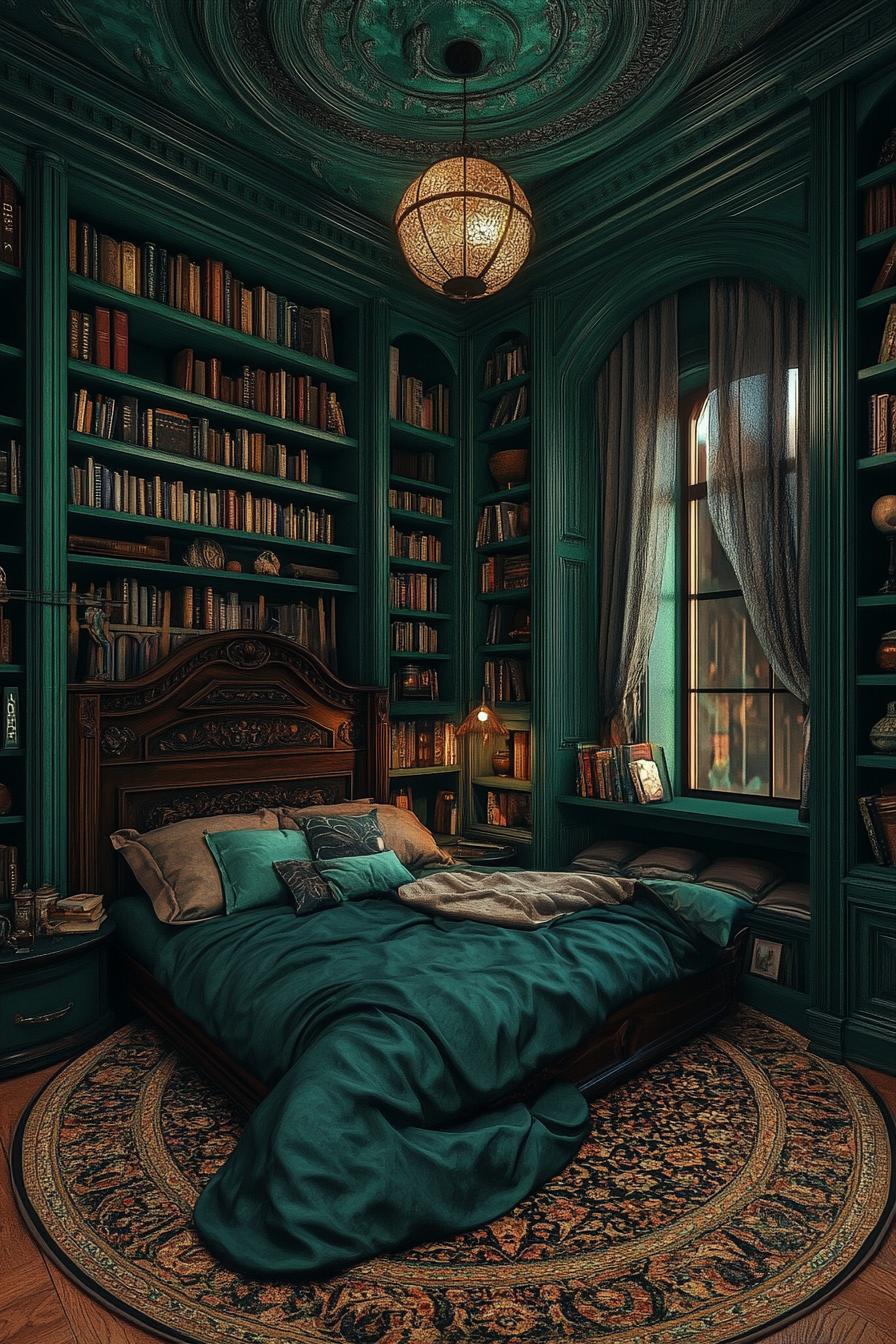 Dark, cozy bedroom with shelves of books and an ornate ceiling