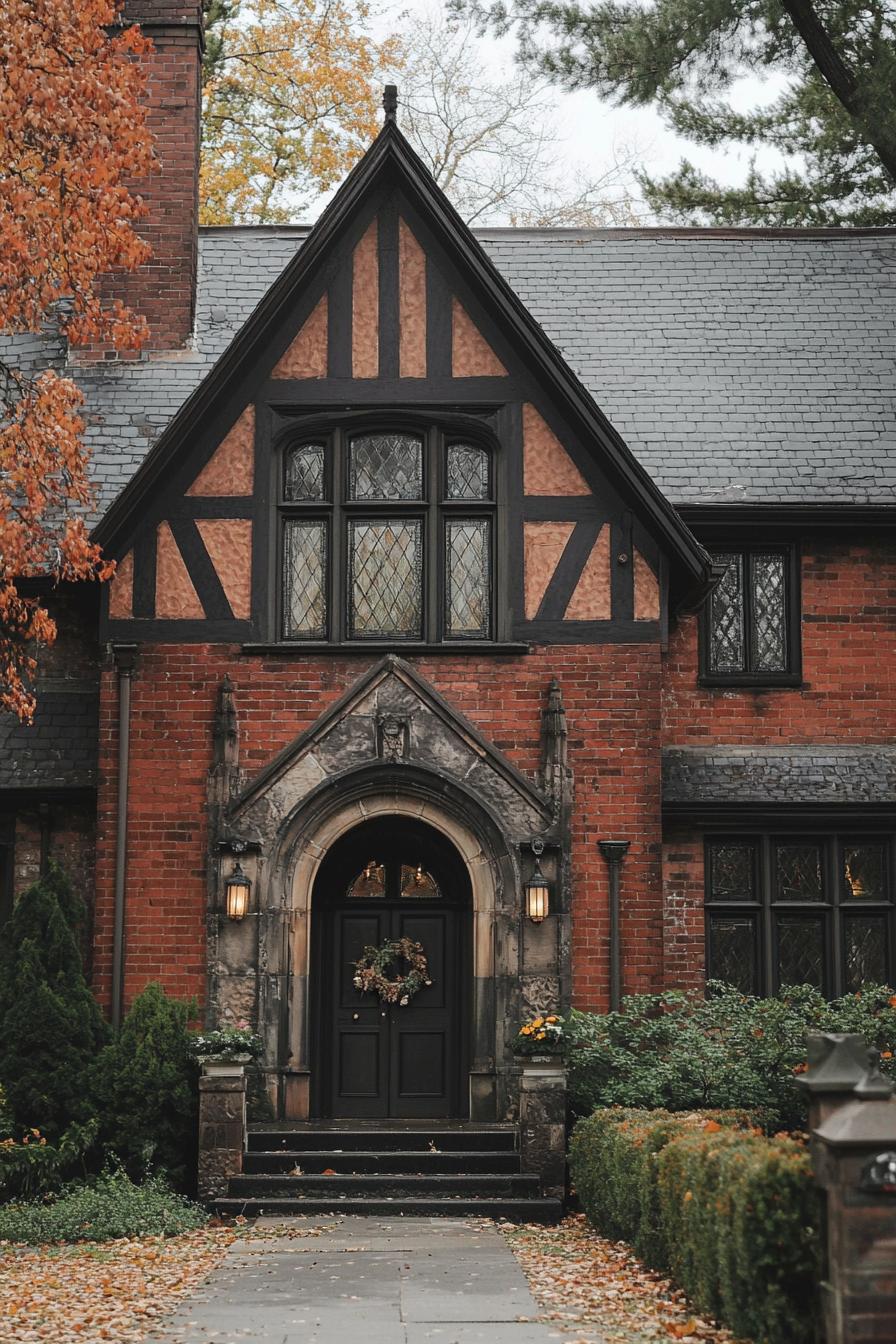 Brick house with arched door and triangular gable