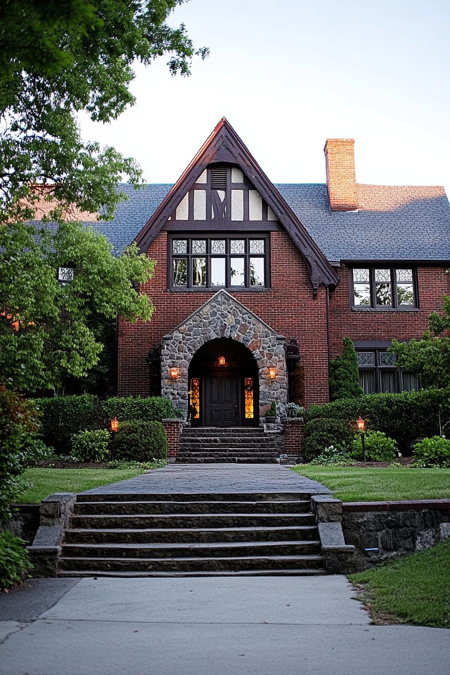 Red brick house with steep roof and stone archway