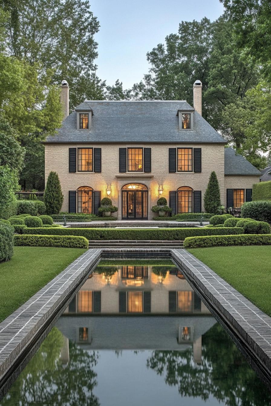 Large house with lit windows surrounded by gardens and a reflective pool