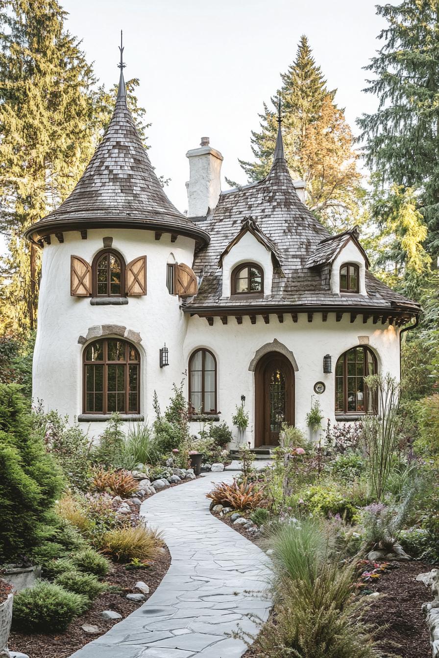 Storybook house with turret towers in a lush garden setting