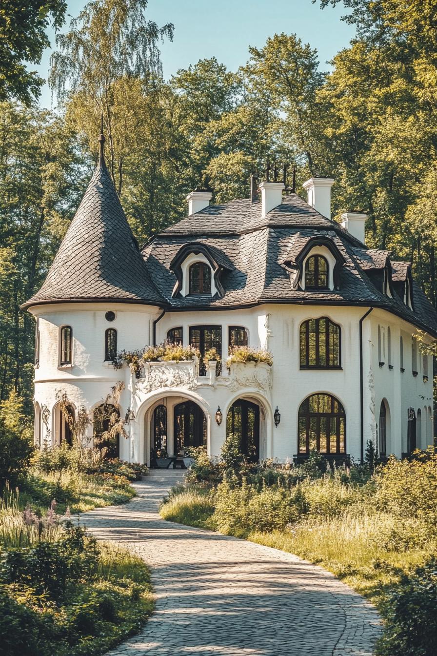 A whimsical house with a pointy tower and arched doorways