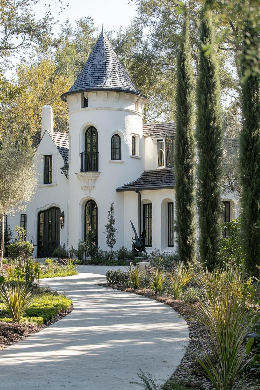 Fairytale-style house with a tall turret and lush greenery