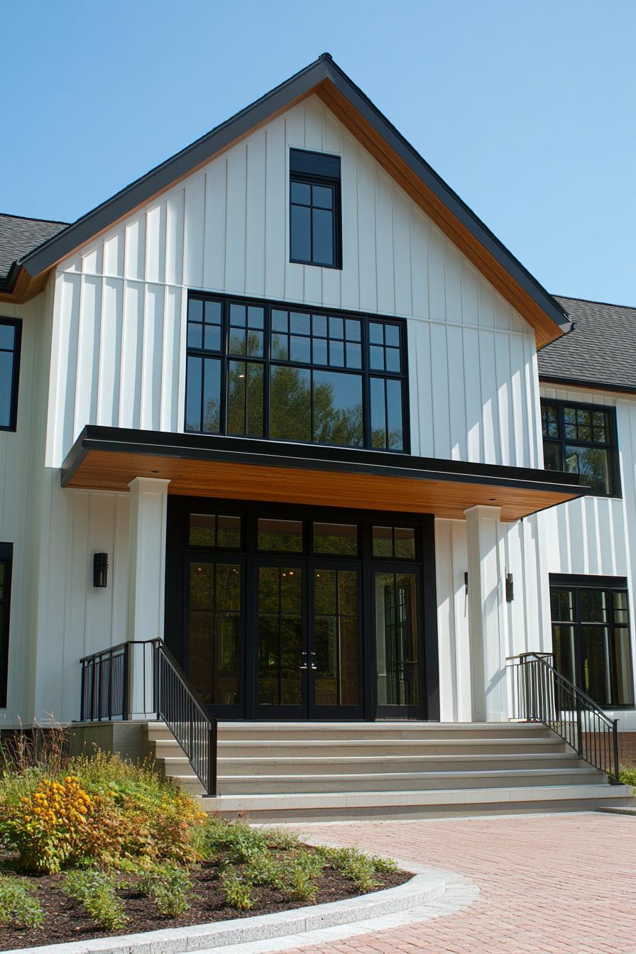 White farmhouse with black-framed windows