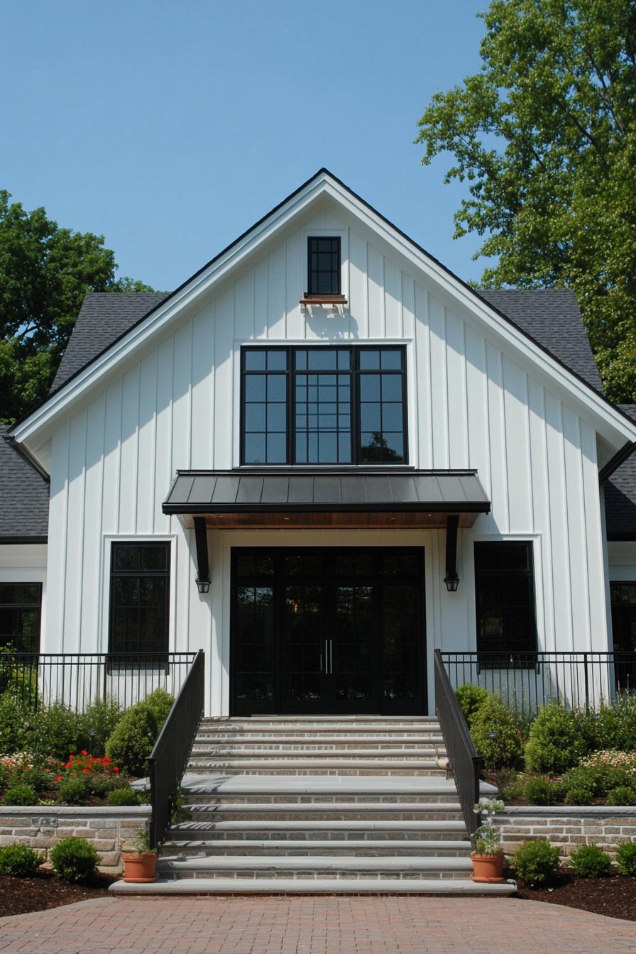 Modern farmhouse exterior with black windows and white siding