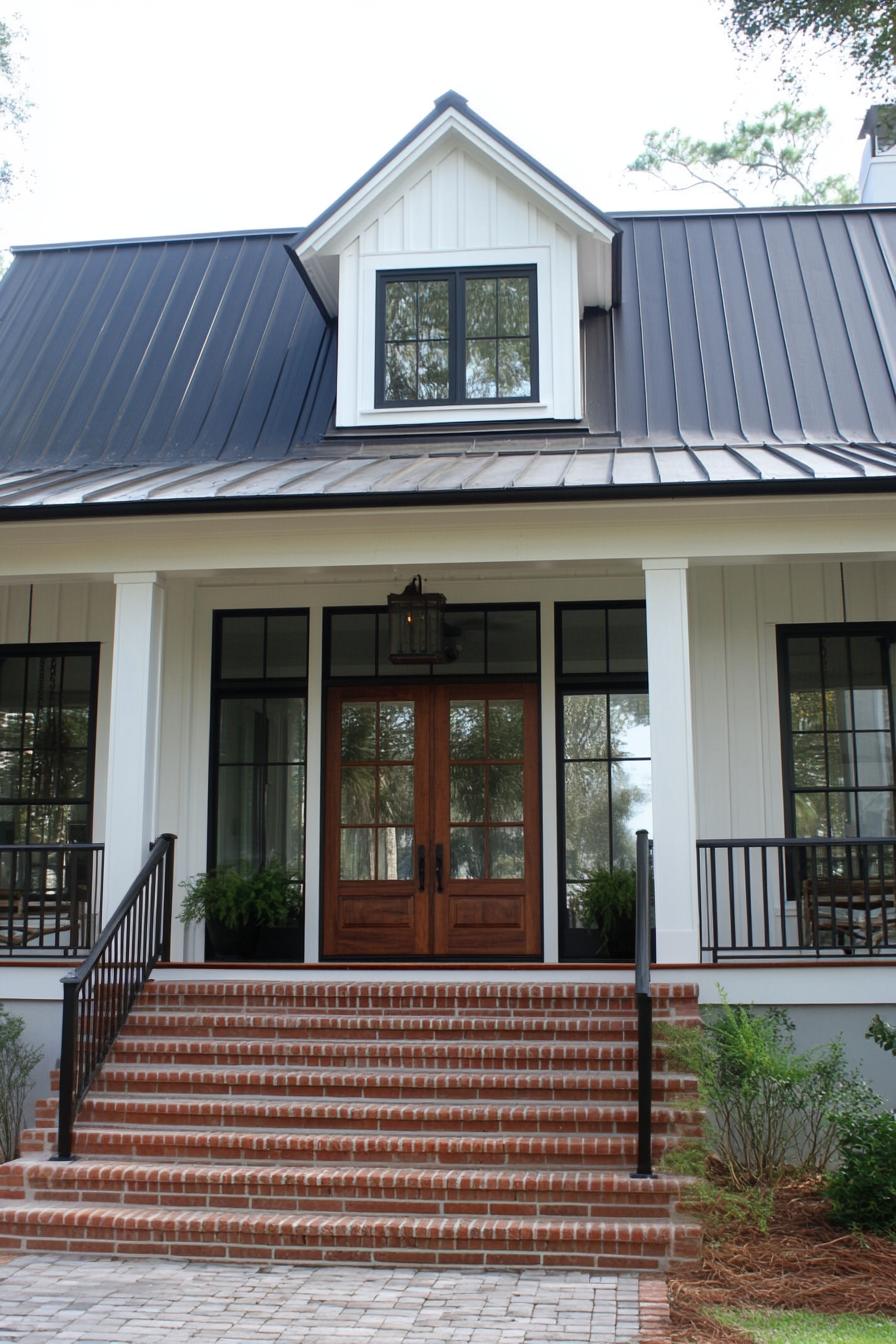 Brick steps leading to a farmhouse entrance with a metal roof