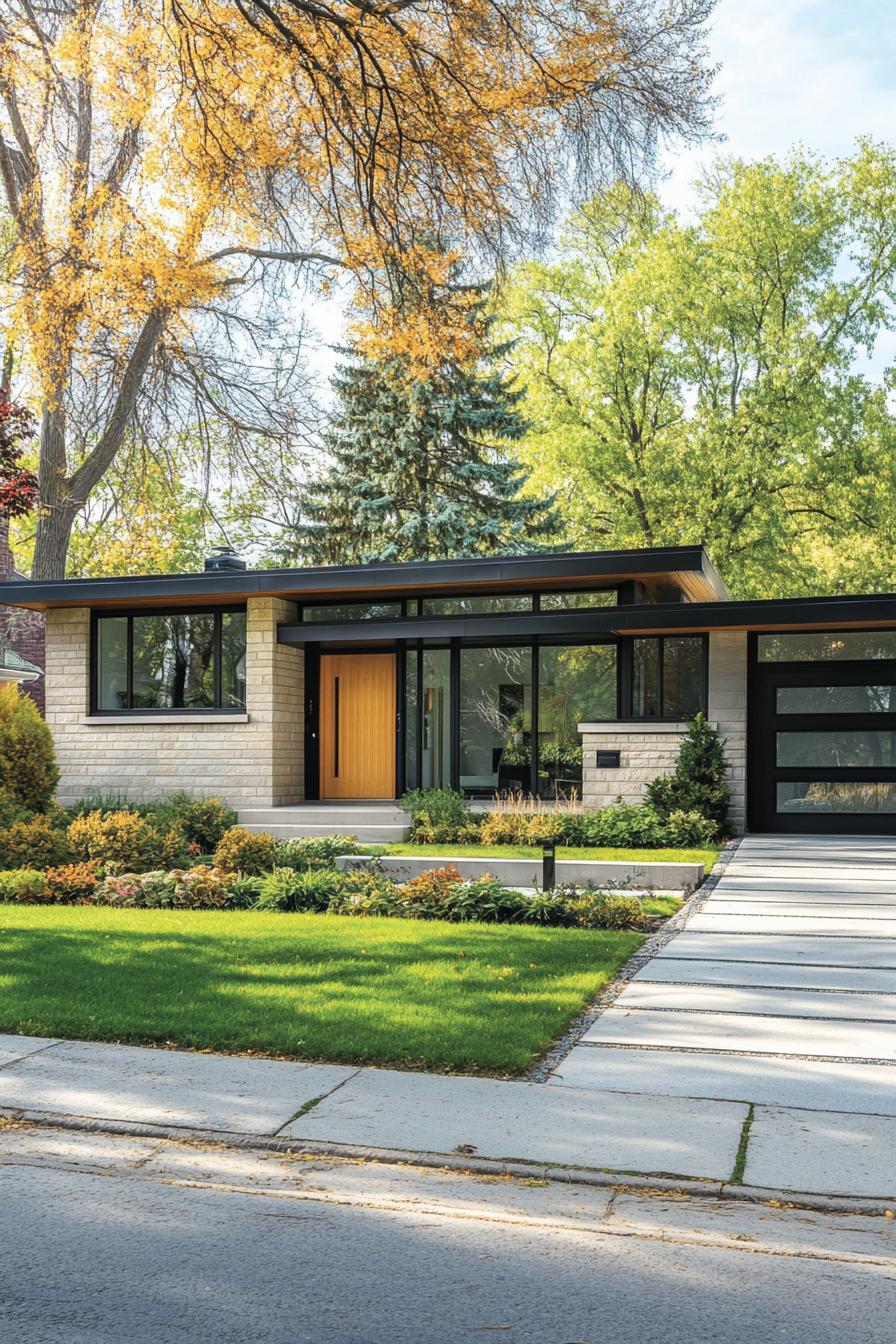 Modern long house with large glass windows and a wooden door