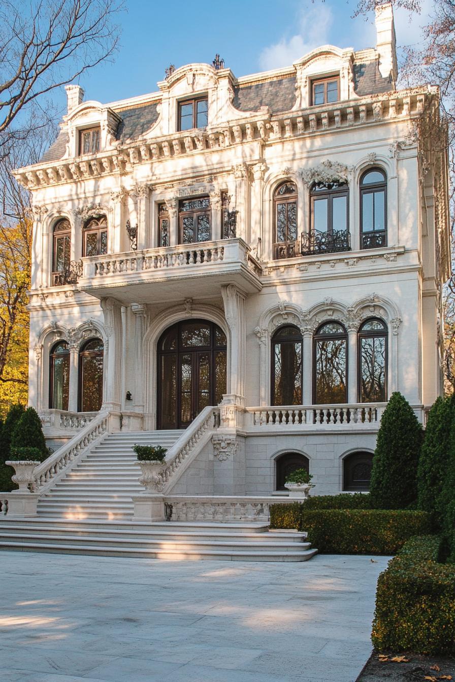 Grand white mansion with ornate architecture and lush greenery