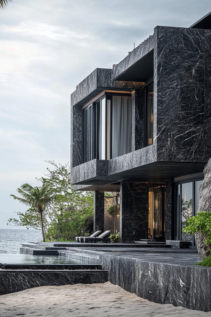 Modern black stone house with ocean view