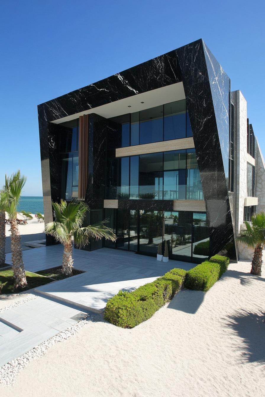 Modern beachfront home with sleek black marble exterior