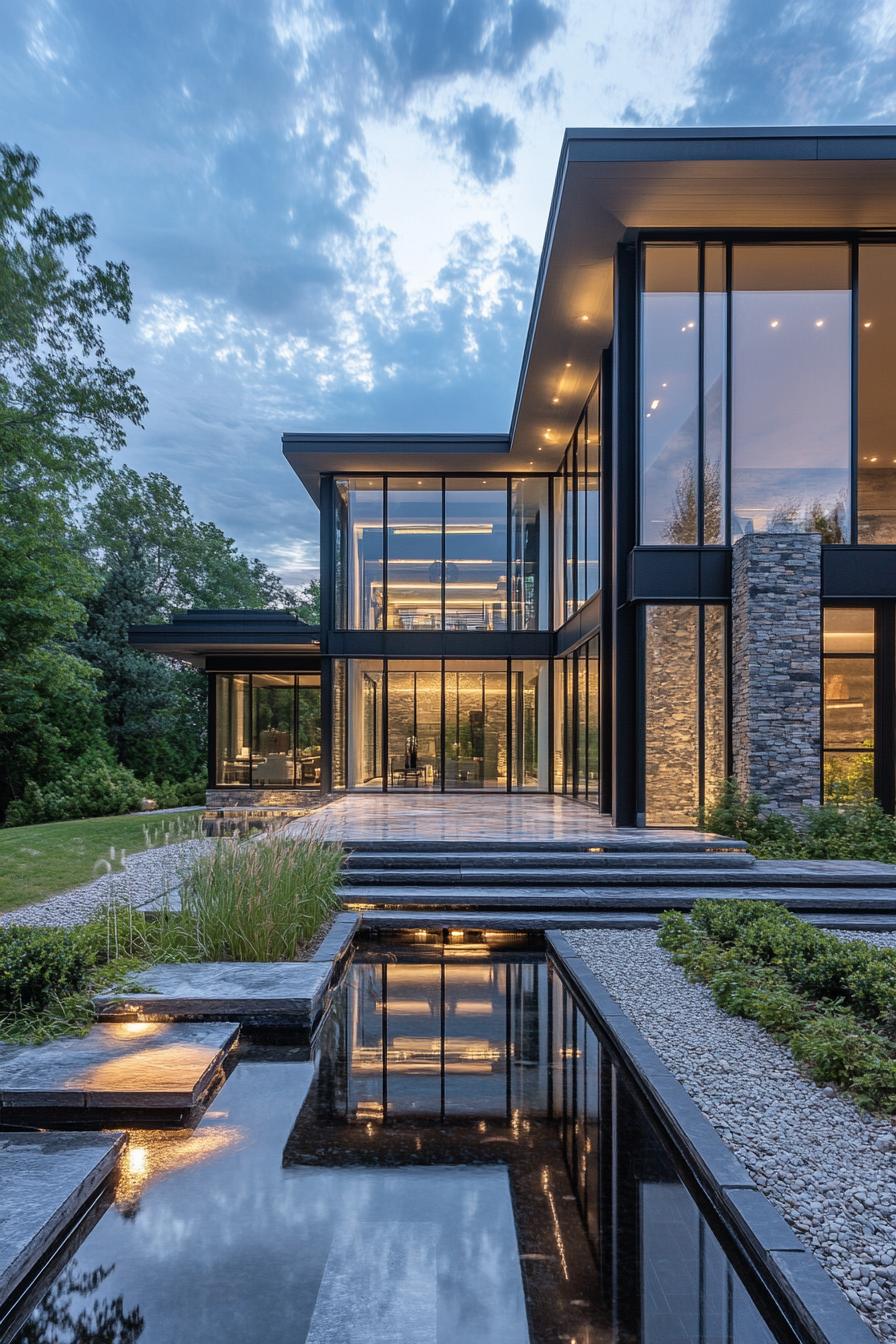 Modern house with floor-to-ceiling glass windows and a reflecting pool