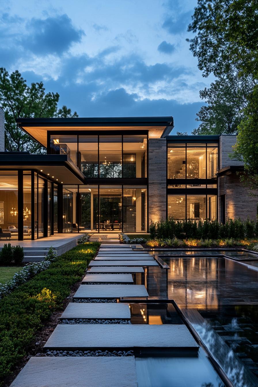 Modern house with expansive glass walls and a sleek garden path