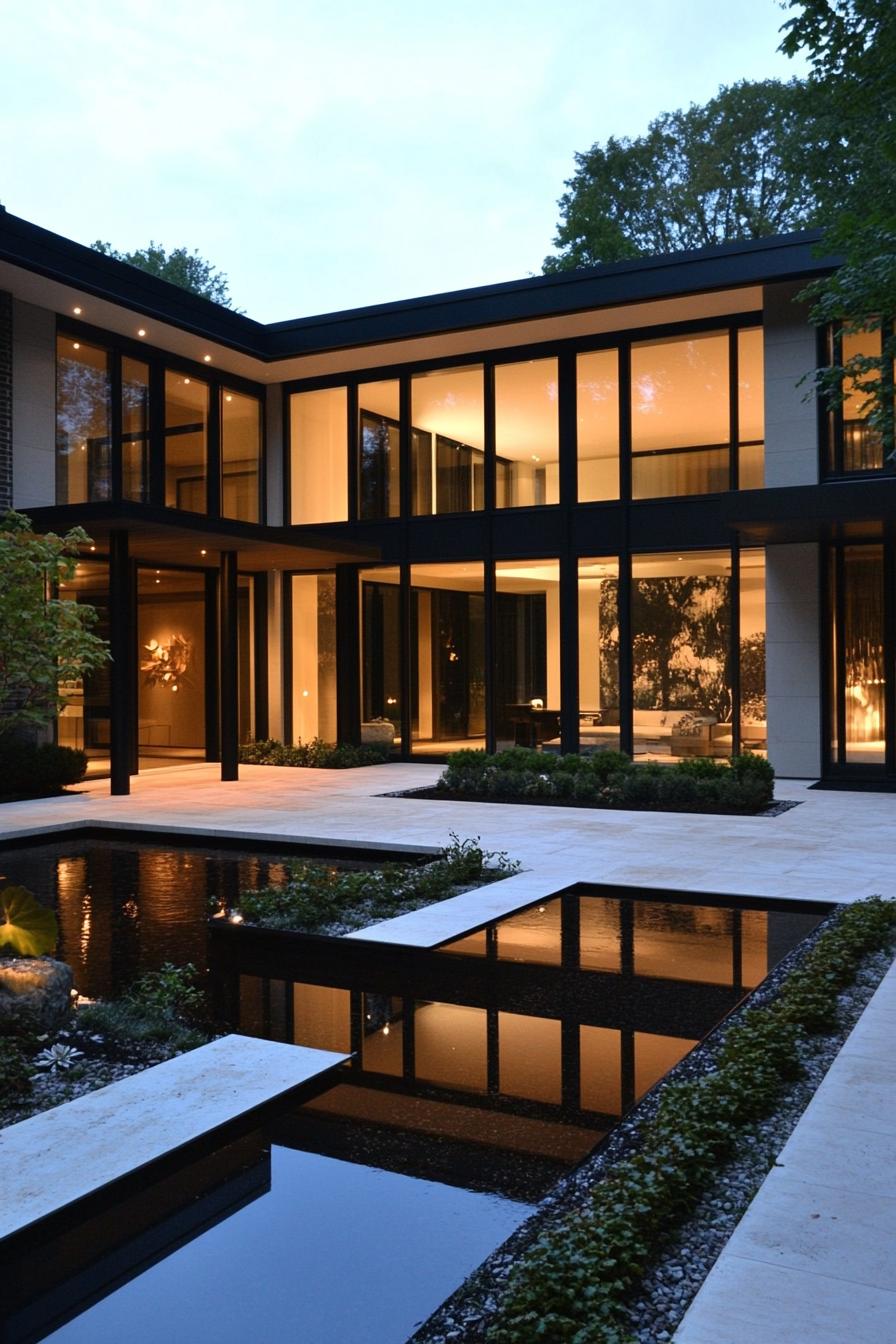 Modern house with large glass windows, surrounded by a serene water feature