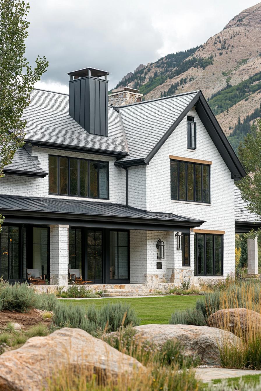 Modern house with white brick exterior and large windows, nestled near mountains